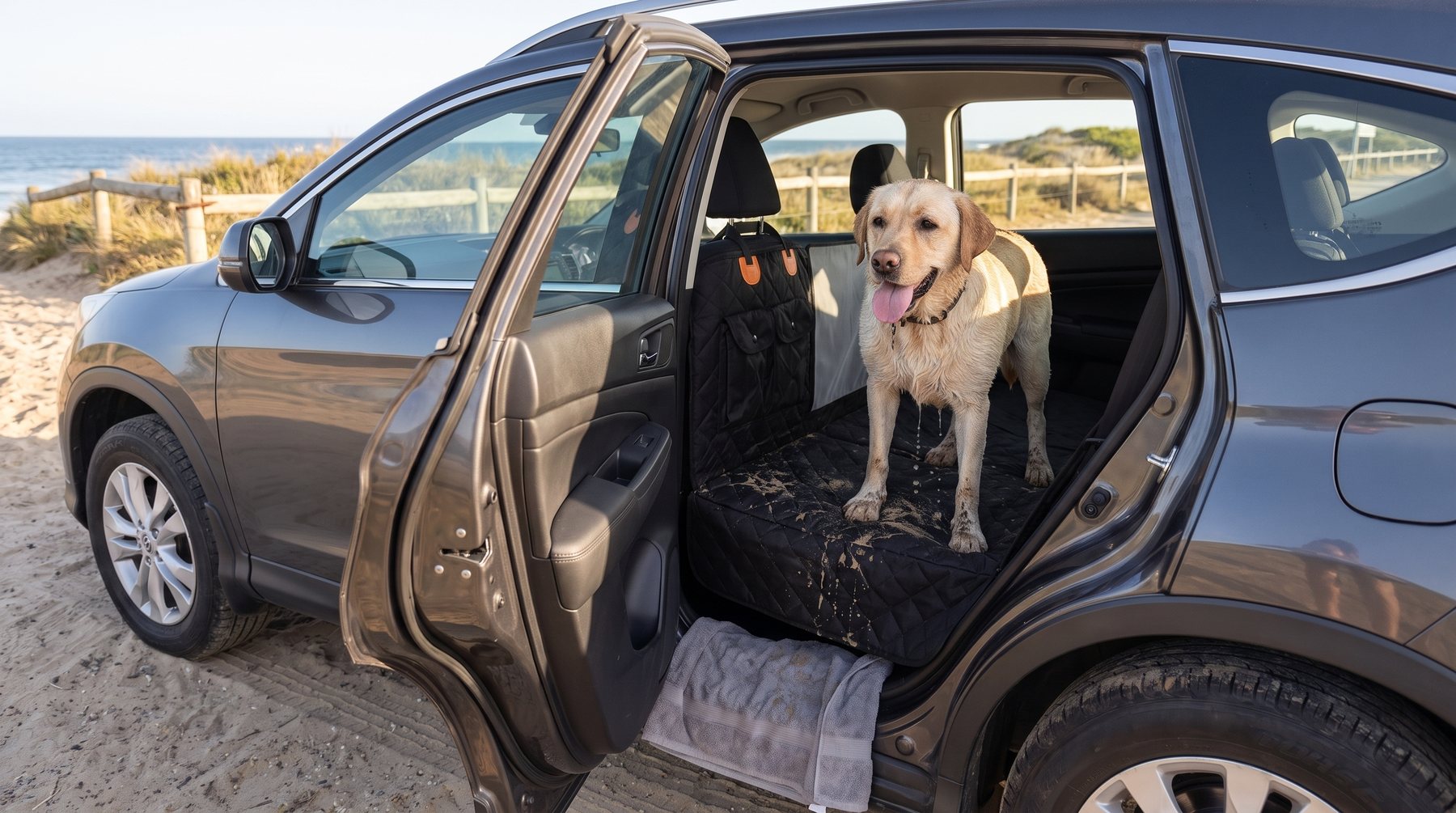 A yellow Labrador back from the beach, standing on the Hindseat deck, sand on the quilting and a towel on the sill