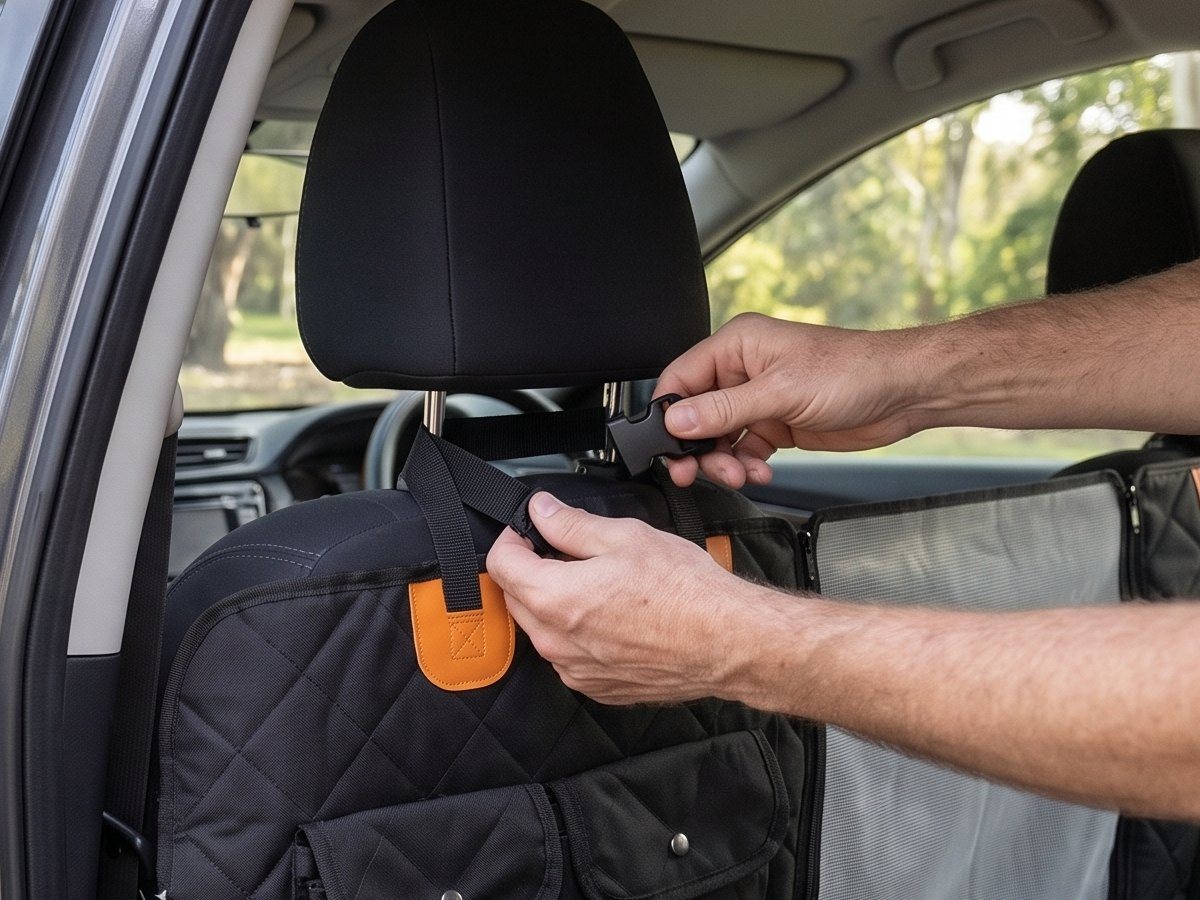 Hands clipping a strap round the front headrest