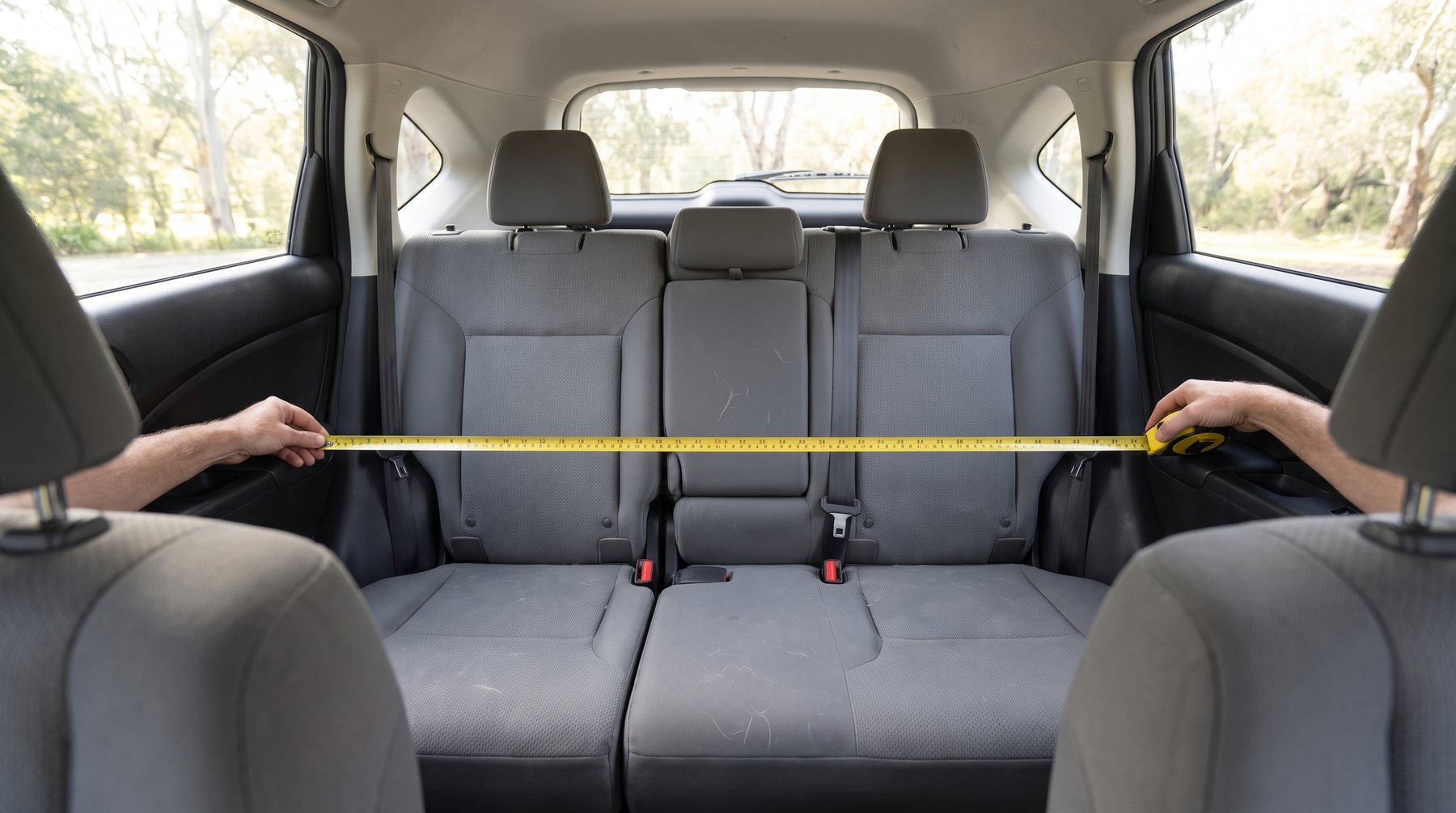 Two hands pull a tape measure across a bare back seat from one door to the other